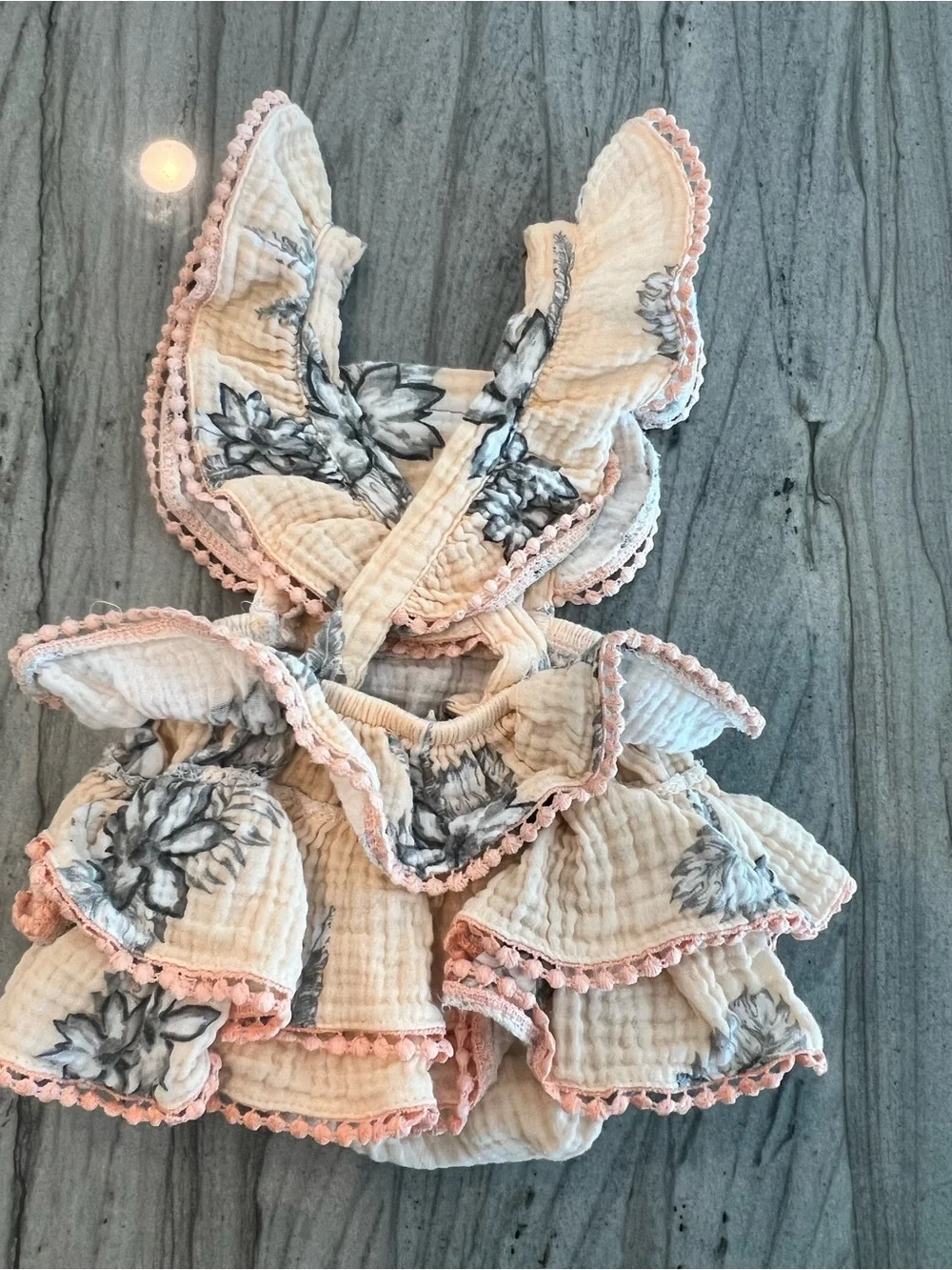Jessica Simpson Cream Gauze Floral Ruffle Baby Romper with Pink Trim